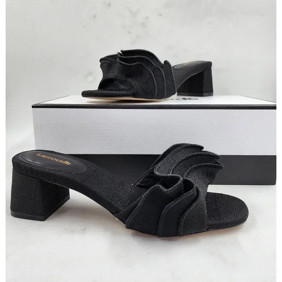 Larroude Brigitte Ruffle Slip On High Heel Sandals Women's 6 Black Open Toe